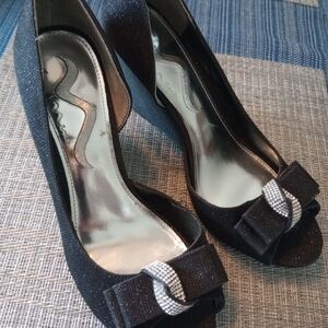 Nina Black Glitter Peep-Toe Heels